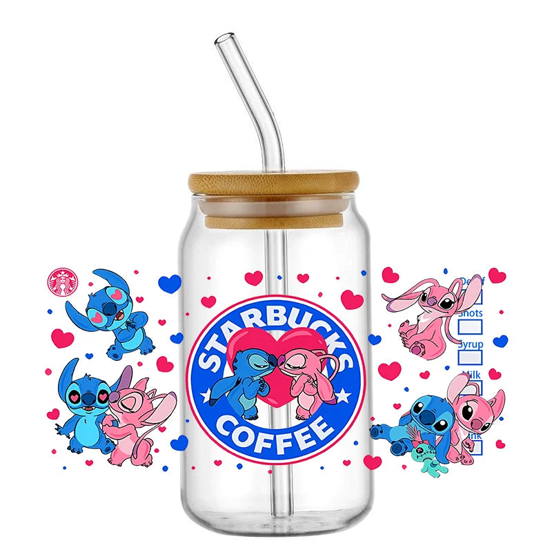 UV DTF Cup Mug Wraps Miniso Lovely Cartoon stitch 3D Transfer Sticker for 16oz Libbey Glasses Cup Waterproof DIY Sticker