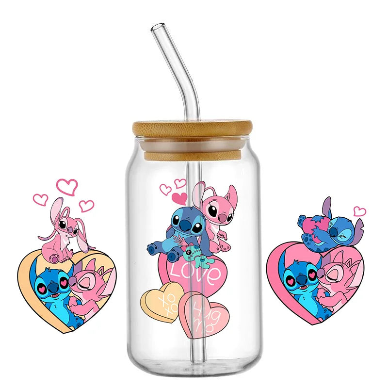 UV DTF Cup Mug Wraps Miniso Lovely Cartoon stitch 3D Transfer Sticker for 16oz Libbey Glasses Cup Waterproof DIY Sticker