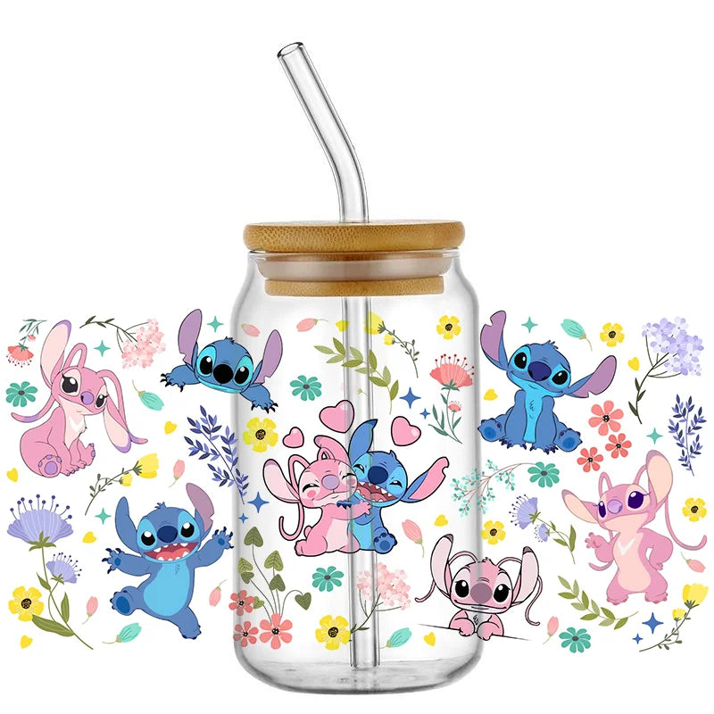 UV DTF Cup Mug Wraps Miniso Lovely Cartoon stitch 3D Transfer Sticker for 16oz Libbey Glasses Cup Waterproof DIY Sticker