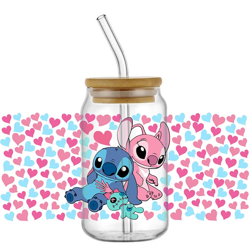 UV DTF Cup Mug Wraps Miniso Lovely Cartoon stitch 3D Transfer Sticker for 16oz Libbey Glasses Cup Waterproof DIY Sticker