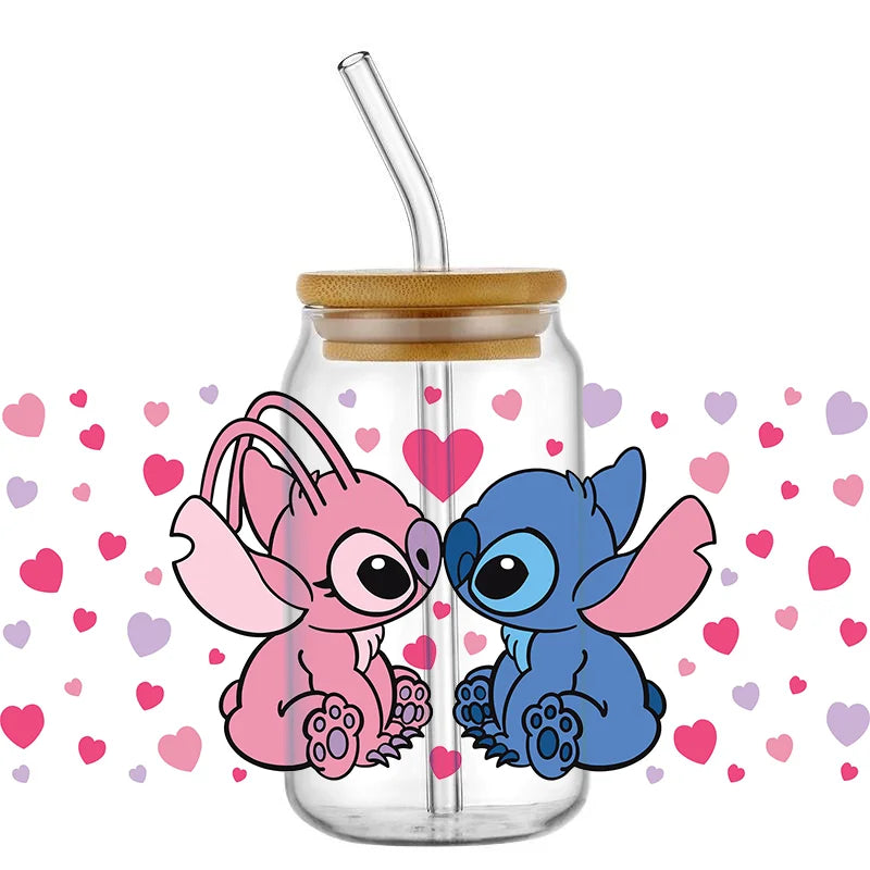 UV DTF Cup Mug Wraps Miniso Lovely Cartoon stitch 3D Transfer Sticker for 16oz Libbey Glasses Cup Waterproof DIY Sticker