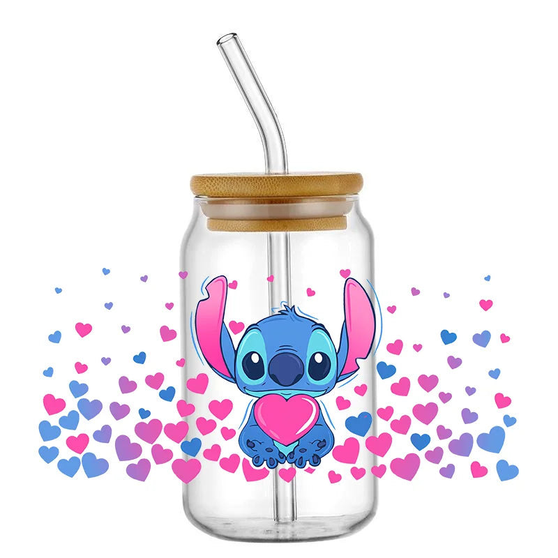 UV DTF Cup Mug Wraps Miniso Lovely Cartoon stitch 3D Transfer Sticker for 16oz Libbey Glasses Cup Waterproof DIY Sticker