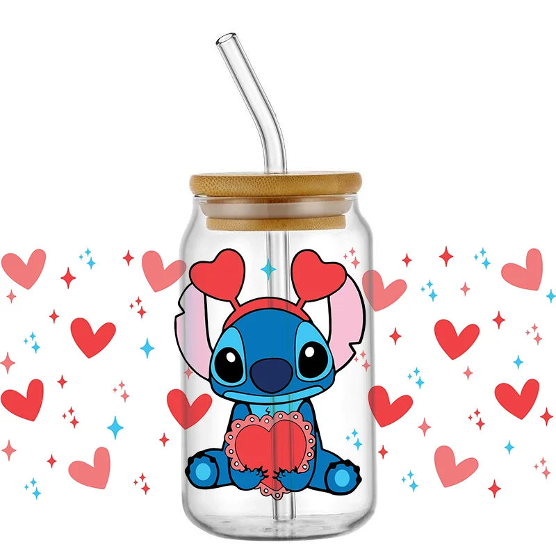 UV DTF Cup Mug Wraps Miniso Lovely Cartoon stitch 3D Transfer Sticker for 16oz Libbey Glasses Cup Waterproof DIY Sticker