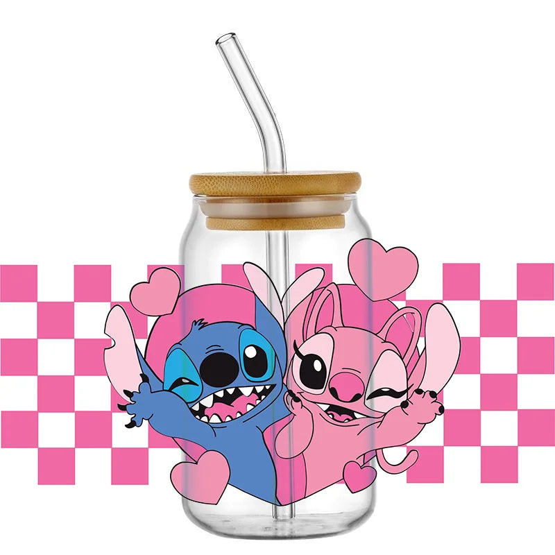 UV DTF Cup Mug Wraps Miniso Lovely Cartoon stitch 3D Transfer Sticker for 16oz Libbey Glasses Cup Waterproof DIY Sticker