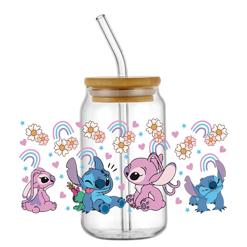 UV DTF Cup Mug Wraps Miniso Lovely Cartoon stitch 3D Transfer Sticker for 16oz Libbey Glasses Cup Waterproof DIY Sticker
