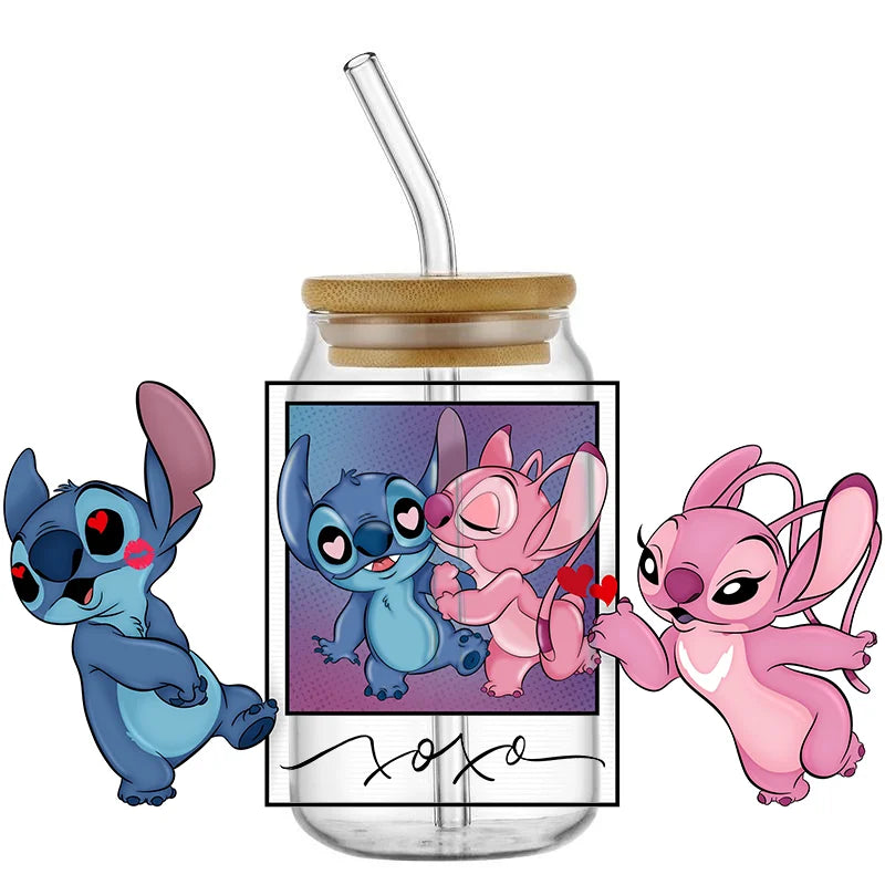 UV DTF Cup Mug Wraps Miniso Lovely Cartoon stitch 3D Transfer Sticker for 16oz Libbey Glasses Cup Waterproof DIY Sticker