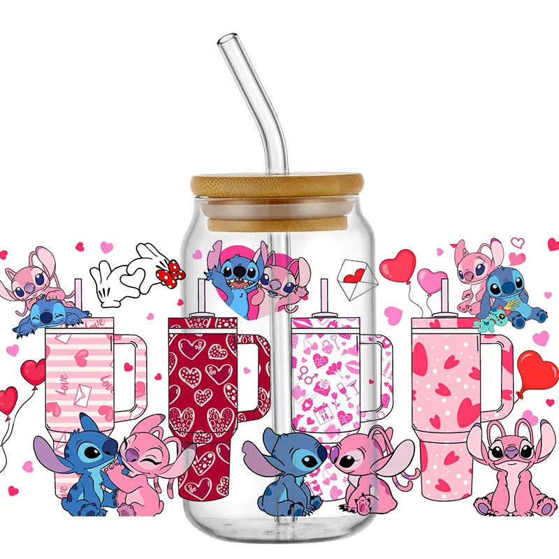 UV DTF Cup Mug Wraps Miniso Lovely Cartoon stitch 3D Transfer Sticker for 16oz Libbey Glasses Cup Waterproof DIY Sticker