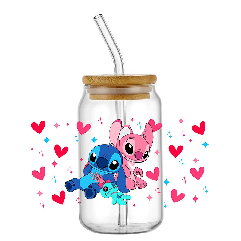 UV DTF Cup Mug Wraps Miniso Lovely Cartoon stitch 3D Transfer Sticker for 16oz Libbey Glasses Cup Waterproof DIY Sticker