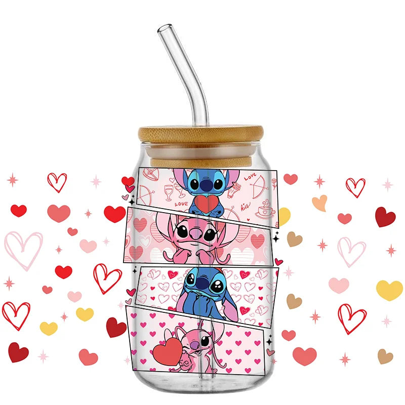 UV DTF Cup Mug Wraps Miniso Lovely Cartoon stitch 3D Transfer Sticker for 16oz Libbey Glasses Cup Waterproof DIY Sticker