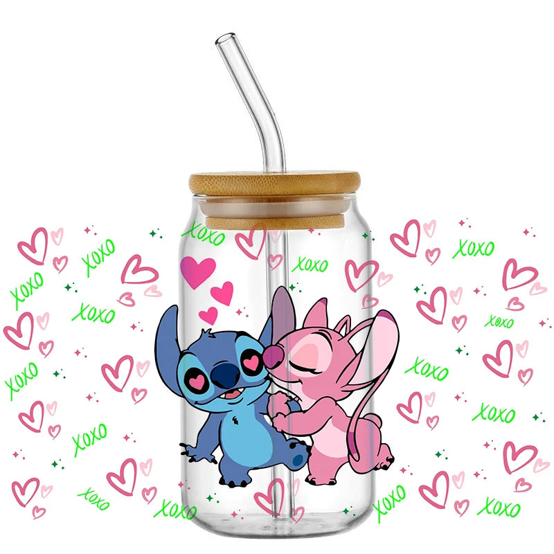 UV DTF Cup Mug Wraps Miniso Lovely Cartoon stitch 3D Transfer Sticker for 16oz Libbey Glasses Cup Waterproof DIY Sticker