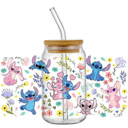 UV DTF Cup Mug Wraps Miniso Lovely Cartoon stitch 3D Transfer Sticker for 16oz Libbey Glasses  Cup Waterproof  DIY Sticker