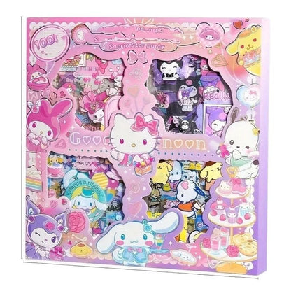 Hello Kitty Sanrio Non-Repeating 100-Piece Sticker Set Cinnamoroll Kuromi Waterproof Stationery Sticker Gift Box Birthday Gift
